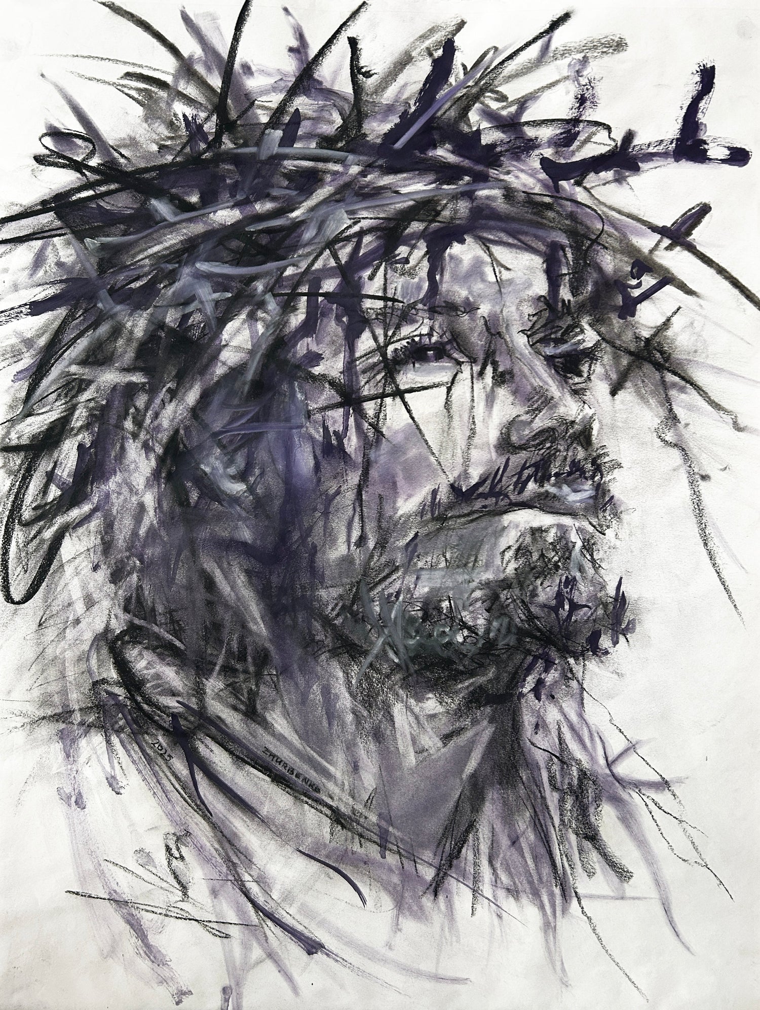 Expressive charcoal portrait of Jesus—spiritual artwork banner.